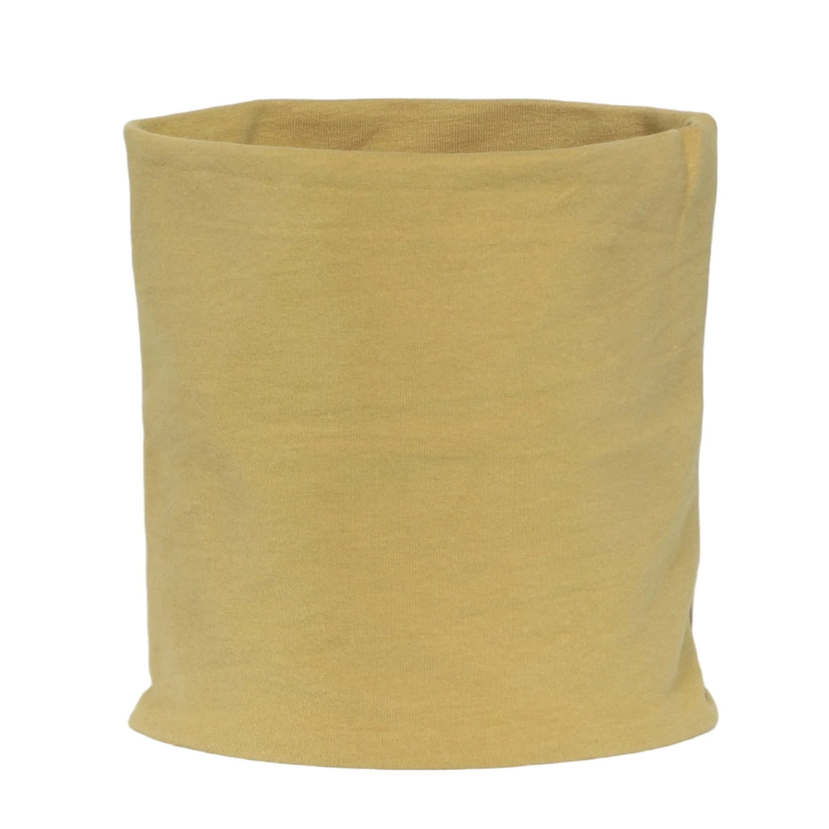 A beige cozy cotton blend neck warmer scarf rolled into a cylinder.