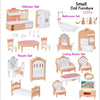 A collection of miniature doll furniture sets including kitchen, bathroom, bedroom, and living room pieces in light wood colo