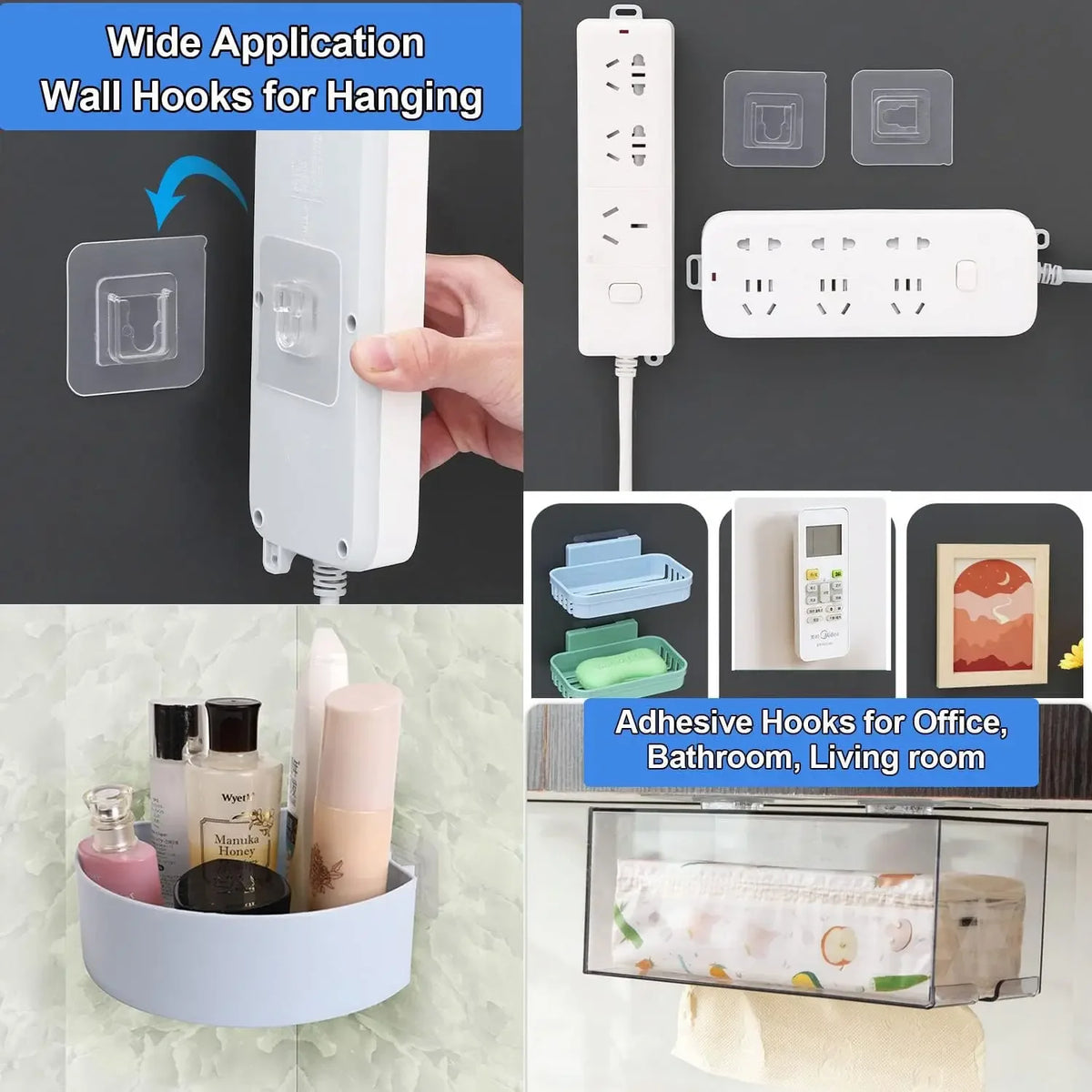A set of invisible adhesive wall hooks for hanging various items like toiletries and accessories.