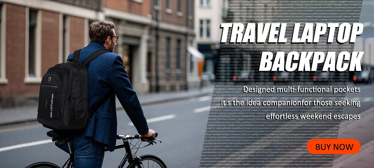 A man wearing a blue suit is carrying a black backpack while riding a bicycle on a city street.