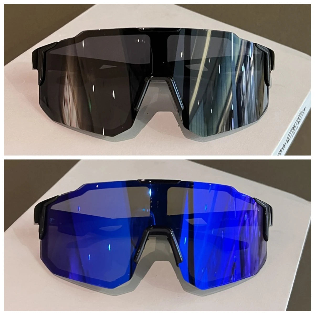 A pair of blue polarized sunglasses displayed on a white surface.