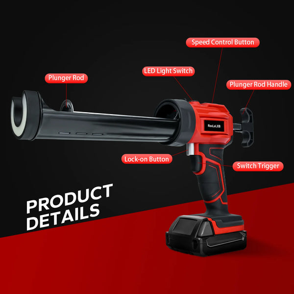 Pistolet à joint électrique orange et noir sans fil avec tige de piston et boutons sur une surface rouge.