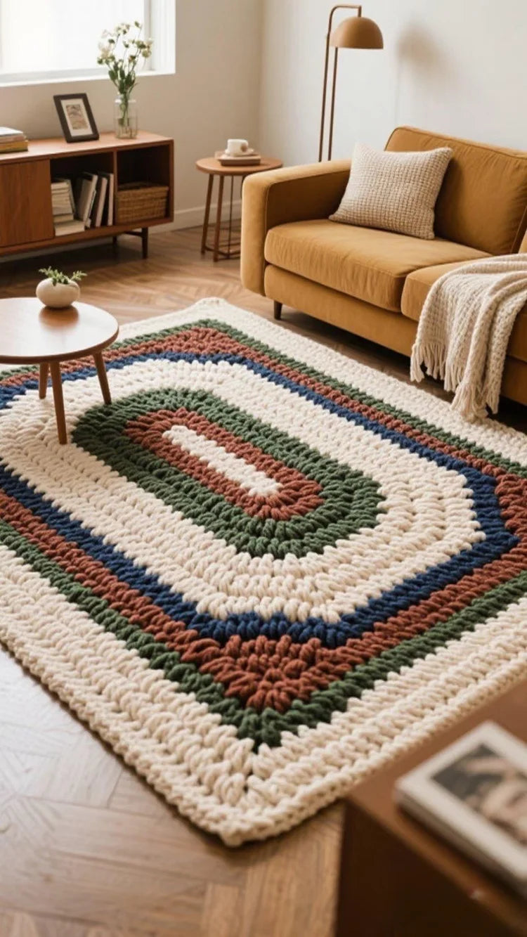 A knitted rug featuring a geometric pattern in earthy tones of beige, olive green, brown, and navy blue.