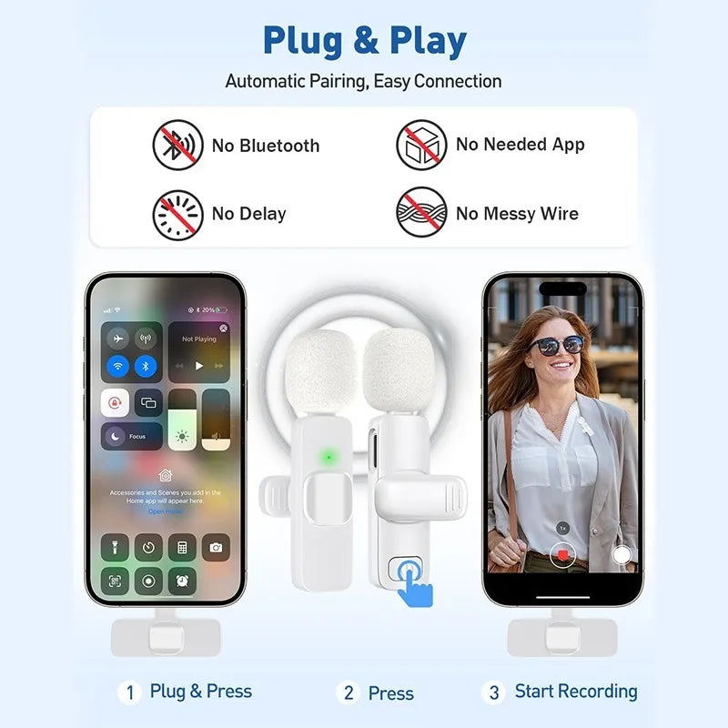 Diagram showing how to plug and press a wireless lavalier microphone for recording