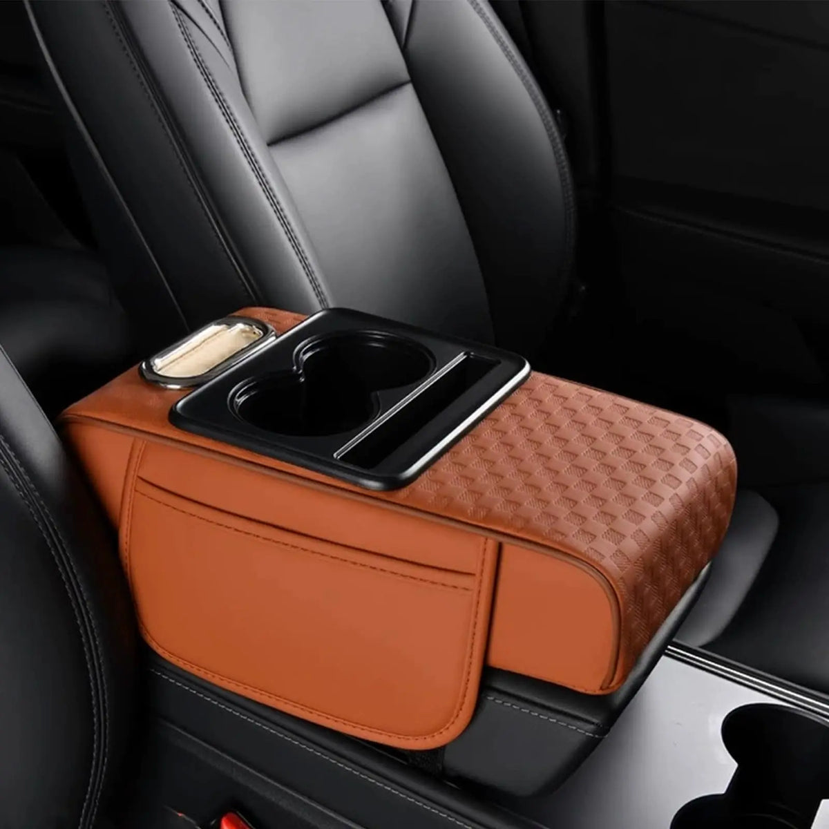 A brown car armrest cushion with a leather texture and integrated cupholders and storage compartments.