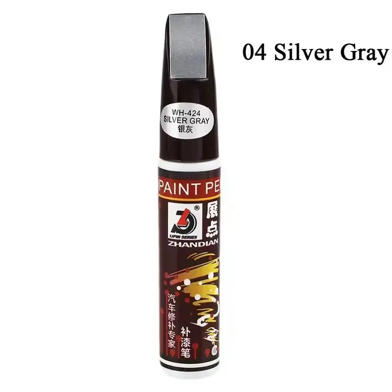 Silver Gray paint repair pen bottle with a black cap and white label