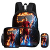 A black backpack and pencil bag set featuring a graphic of a football player engulfed in flames and lightning.