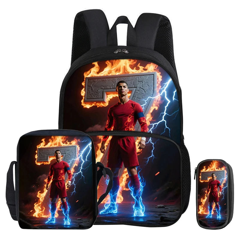 A black backpack and pencil bag set featuring a graphic of a football player engulfed in flames and lightning.
