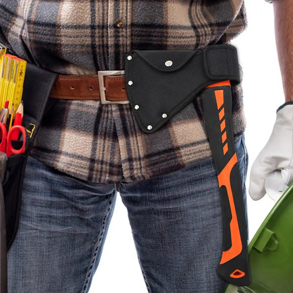 A black nylon axe blade cover is shown attached to a leather belt loop on a person wearing a plaid shirt and jeans.