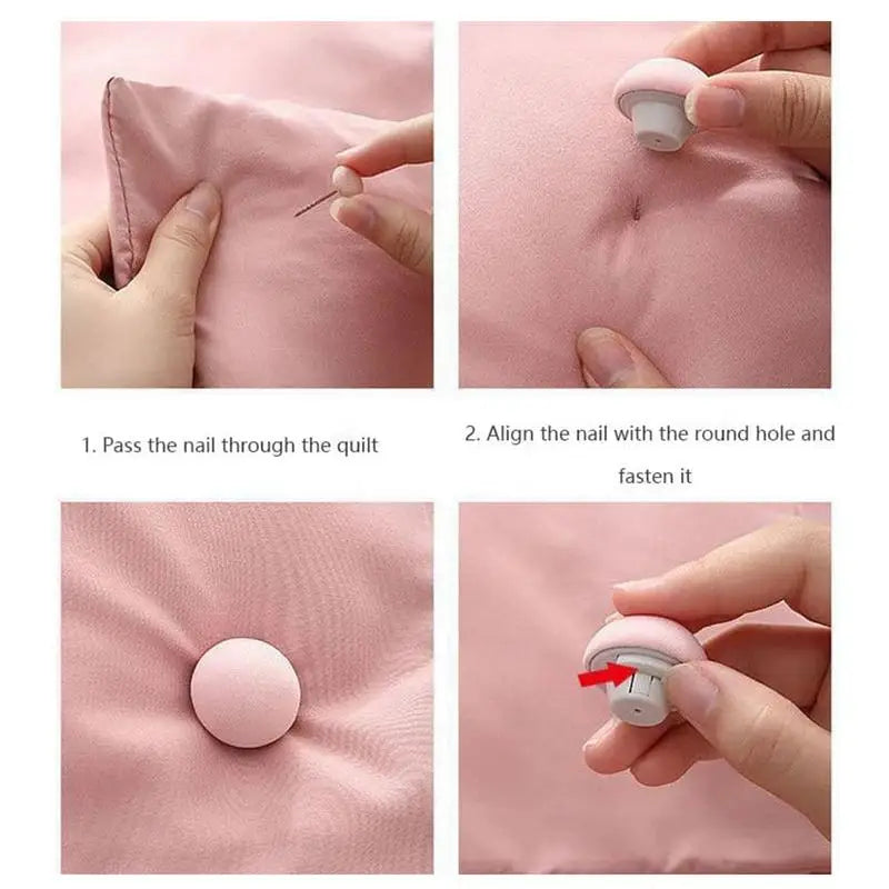 Close-up images showing how to pass a nail through the quilt and fasten it using round clips on a pink duvet cover.