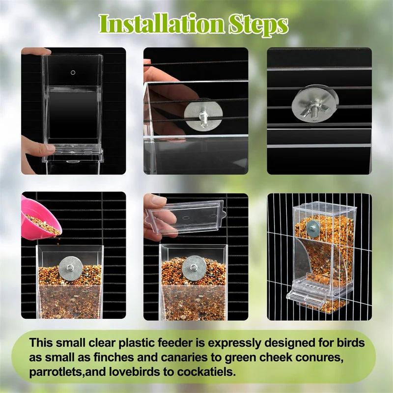 Installation steps showing how to assemble a clear plastic bird feeder for finches and canaries