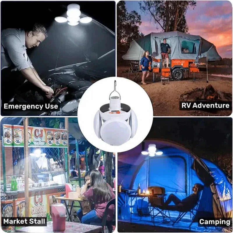A foldable solar camping lantern with a USB charging feature is shown in various outdoor and camping contexts.