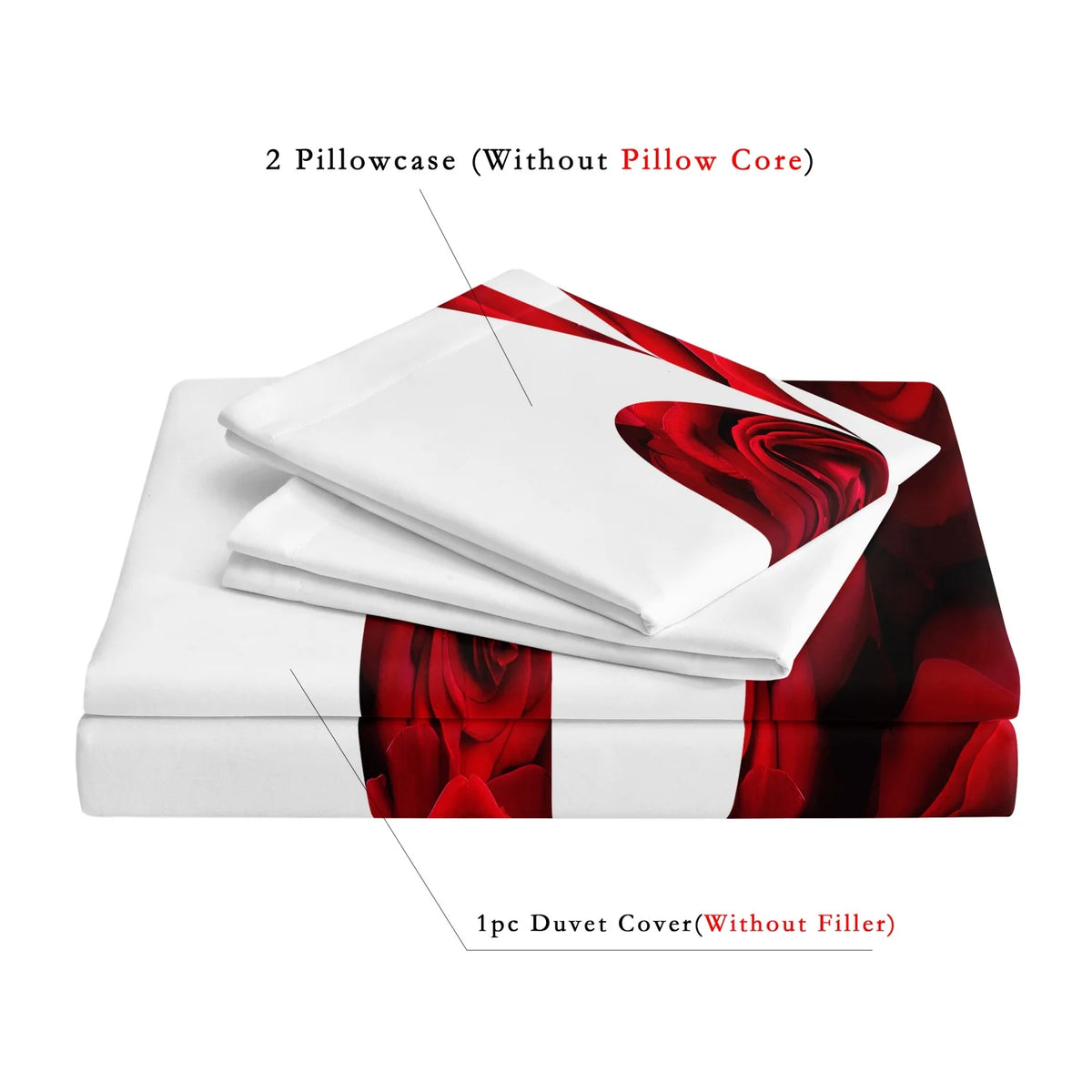 A set of two pillowcases and one duvet cover featuring a romantic red rose floral design.