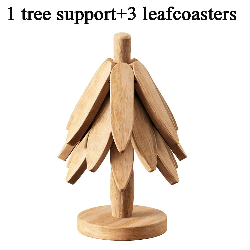 A wooden tree design set featuring one tree support and three leaf coasters.