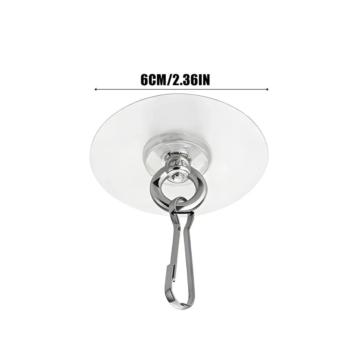 A round, silver stainless steel wall hook with a loop and a flat bar, measuring 6cm/2.36in.