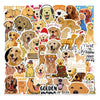 A colorful sticker pack featuring various illustrations and portraits of Golden Retrievers.