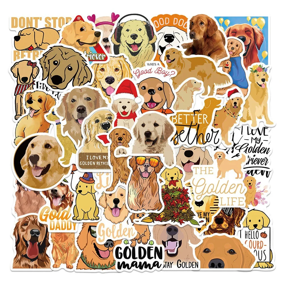 A colorful sticker pack featuring various illustrations and portraits of Golden Retrievers.