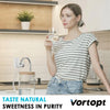 A woman is holding a glass of water near a kitchen faucet while standing in a modern kitchen setting.