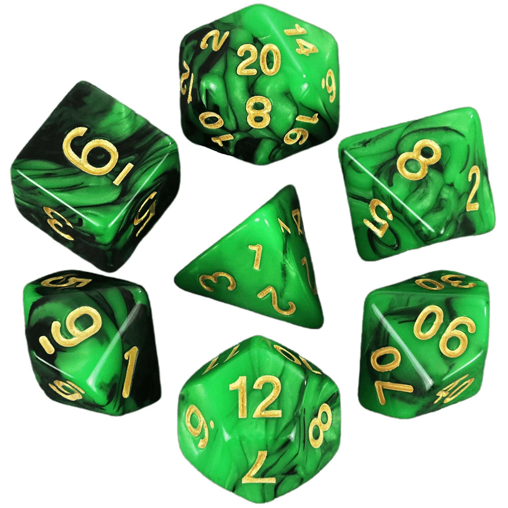 A set of seven green polyhedral dice showing various numbers and designs.
