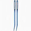 A pair of blue tapestry needles with curved tips for knitting and sewing.