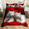 A duvet cover set featuring two realistic white tiger illustrations on a red background.