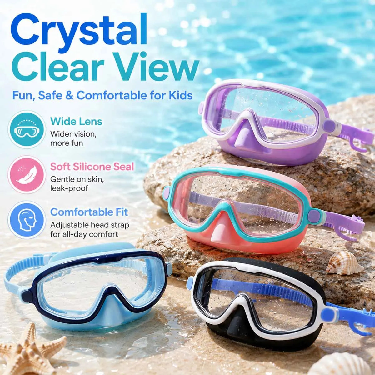 Collection de lunettes de natation claires pour enfants de différentes couleurs posées sur un rocher et du sable.