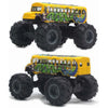 A yellow die-cast metal school bus pull-back toy with large black tires.