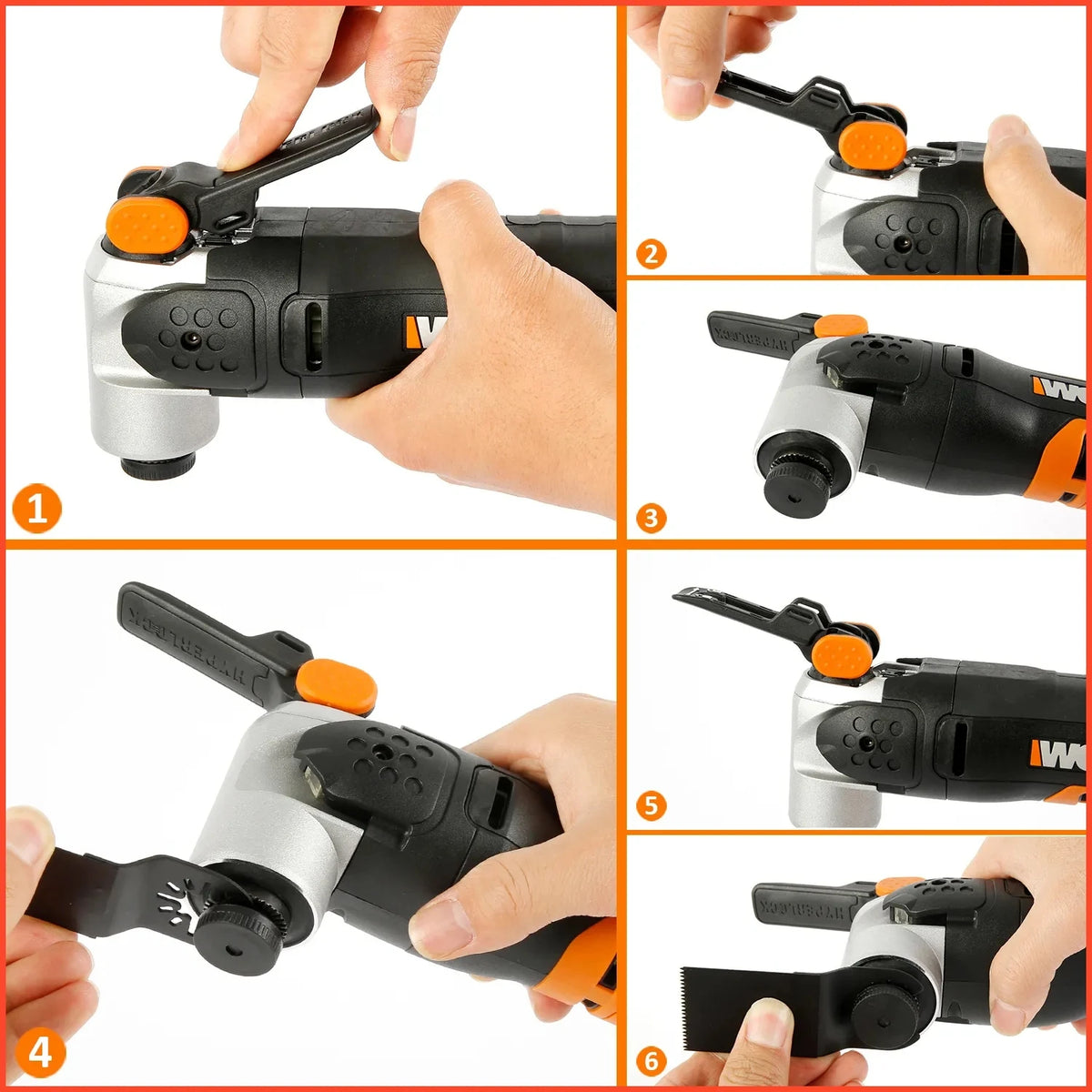 Six views showing the assembly and operation of a universal oscillating multi-tool blade set.