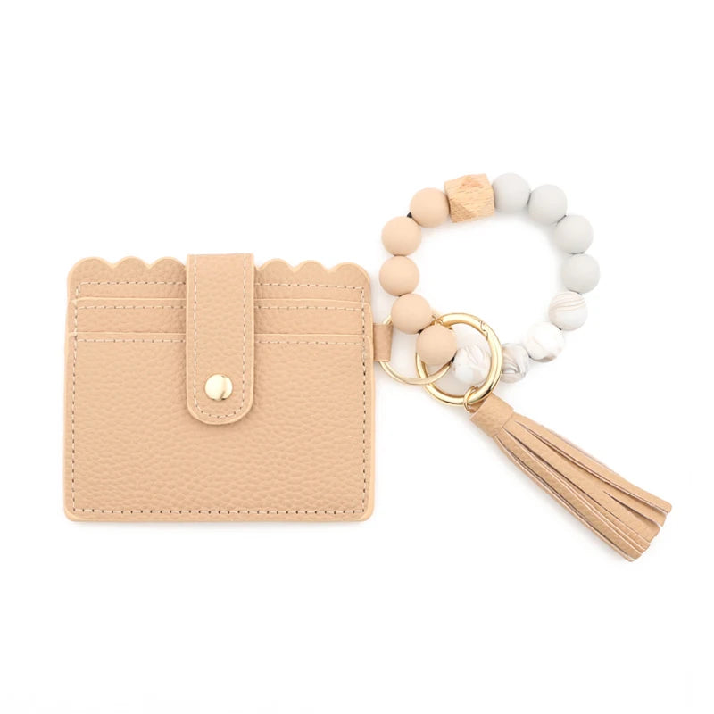 Silicone Bead Bracelet Leather Card Holder Wristlet