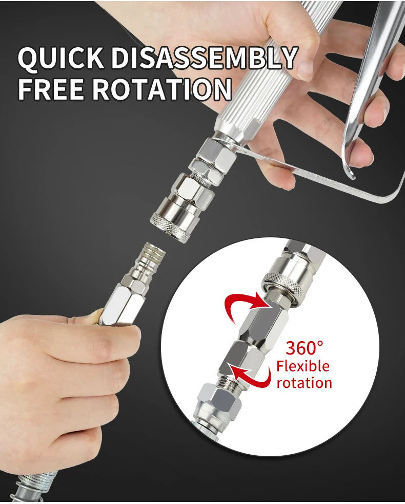 Hand holding a stainless steel swivel connector for airless spray hoses demonstrating 360 degree flexible rotation.