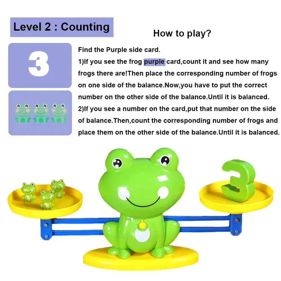 A green frog balance math game toy showing a purple side card and a number on the other side.