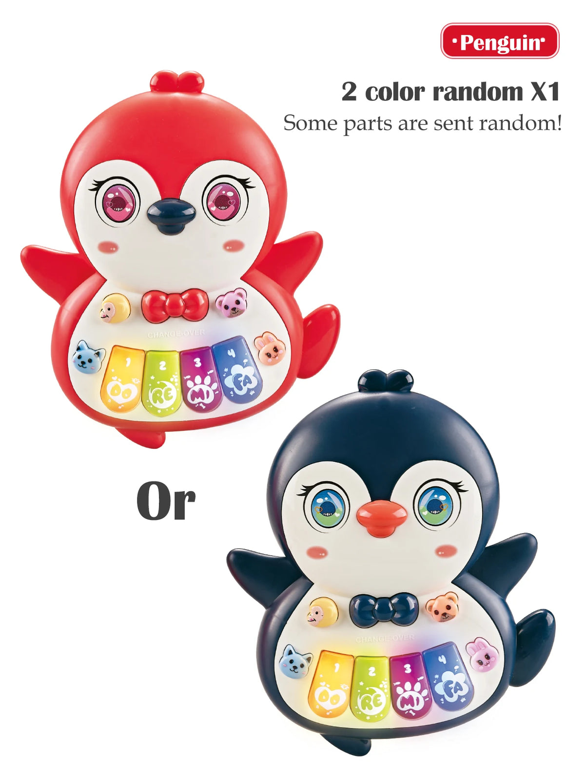 A set of two color random musical animal piano toys for toddlers, one red and one blue.