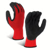 A pair of breathable PU-coated nylon work gloves in red and black are shown against a white background.