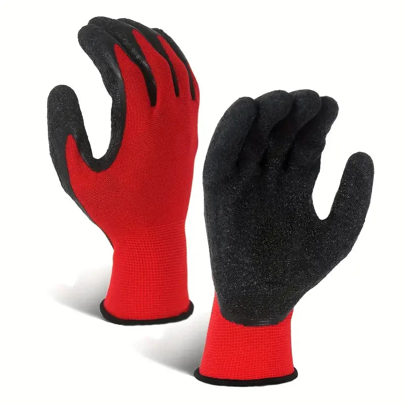 A pair of breathable PU-coated nylon work gloves in red and black are shown against a white background.