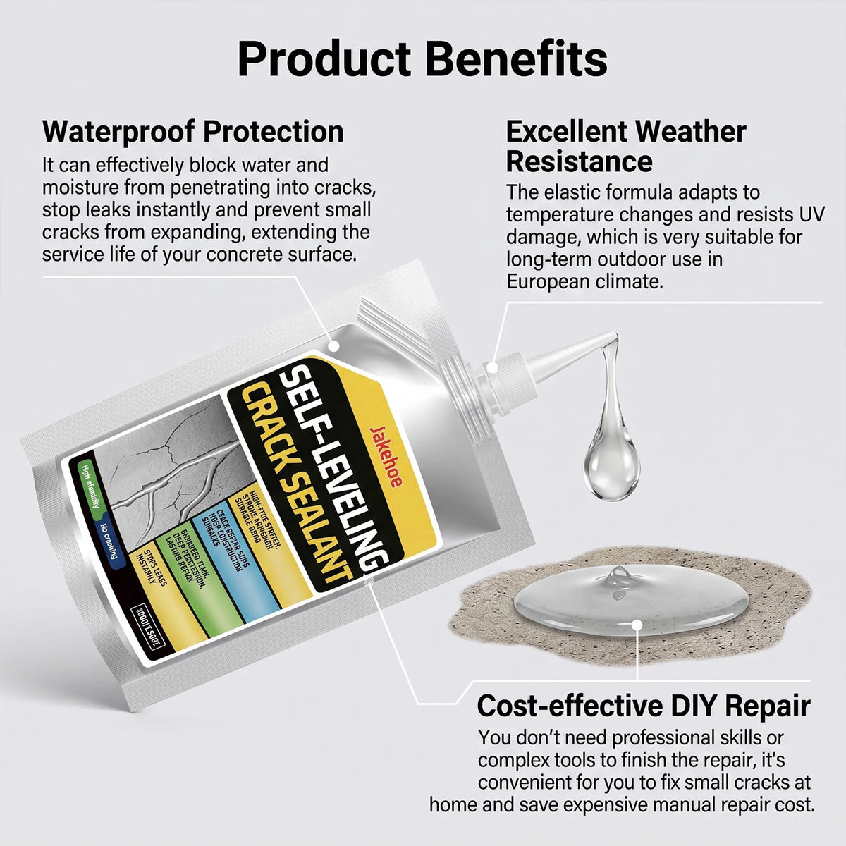 A container of self-leveling concrete crack sealant is shown with benefits highlighting waterproof protection and weather res