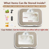 A beige and white portable storage case with a removable lid, showing various items that can be stored inside.