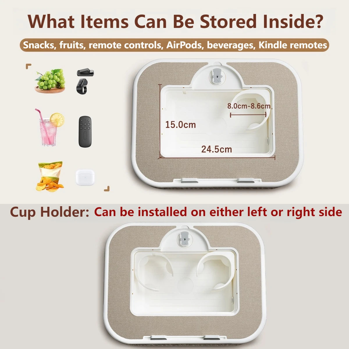 A beige and white portable storage case with a removable lid, showing various items that can be stored inside.