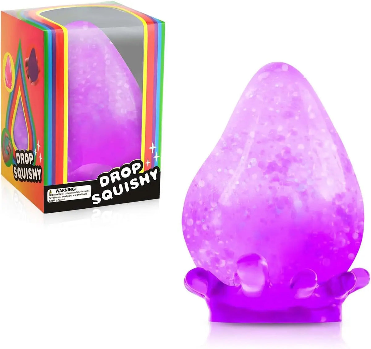 Durchsichtiger violetter Stressball-Artikel in seiner Verpackung und lose Form.