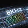 Close-up of an AULA F75 HE series mechanical keyboard highlighting its 8KHz polling rate feature.
