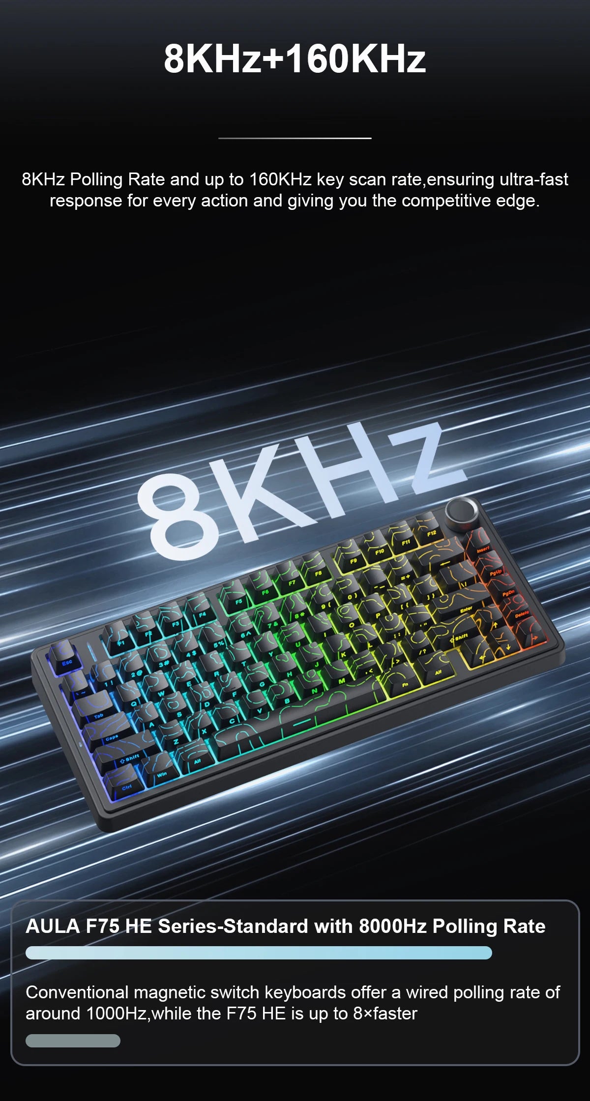Close-up of an AULA F75 HE series mechanical keyboard highlighting its 8KHz polling rate feature.