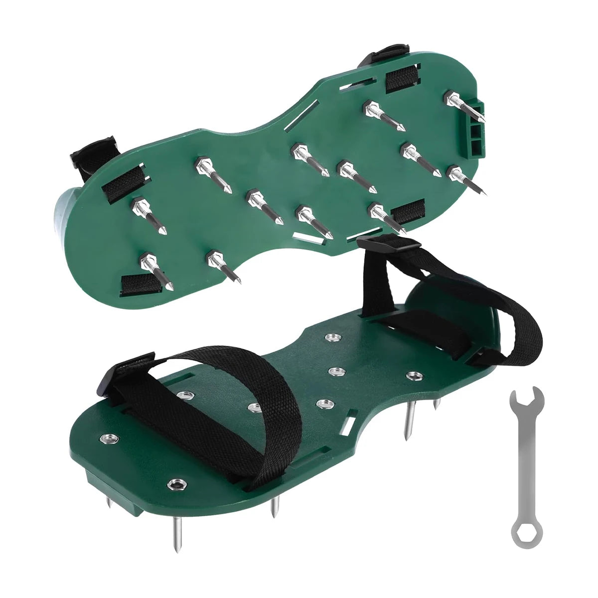 A pair of green adjustable lawn aerator shoes with heavy-duty spikes and mounting hardware.