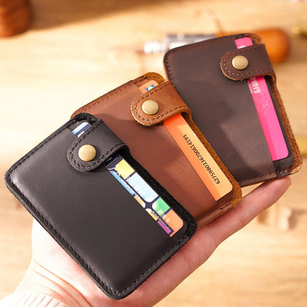 Vintage Leather Slim Card Holder with Snap Closure