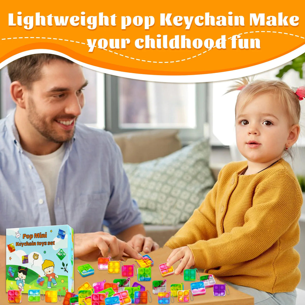 A man and a young girl are shown interacting with colorful mini pop keychain fidget toys.