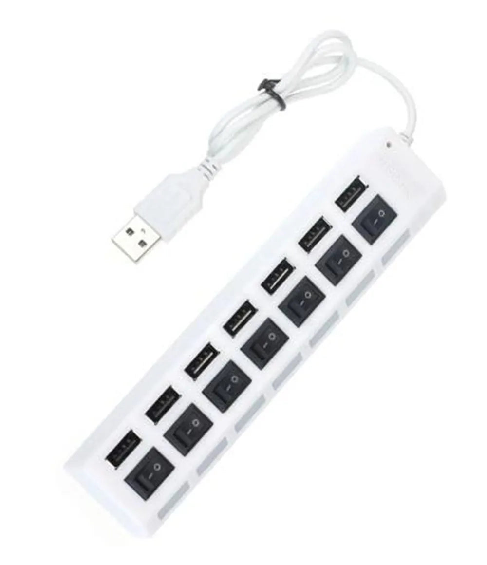 Weißer 7-Port-USB-Splitter-Hub mit Einzel-Ein-/Ausschaltern und abnehmbarem Kabel.