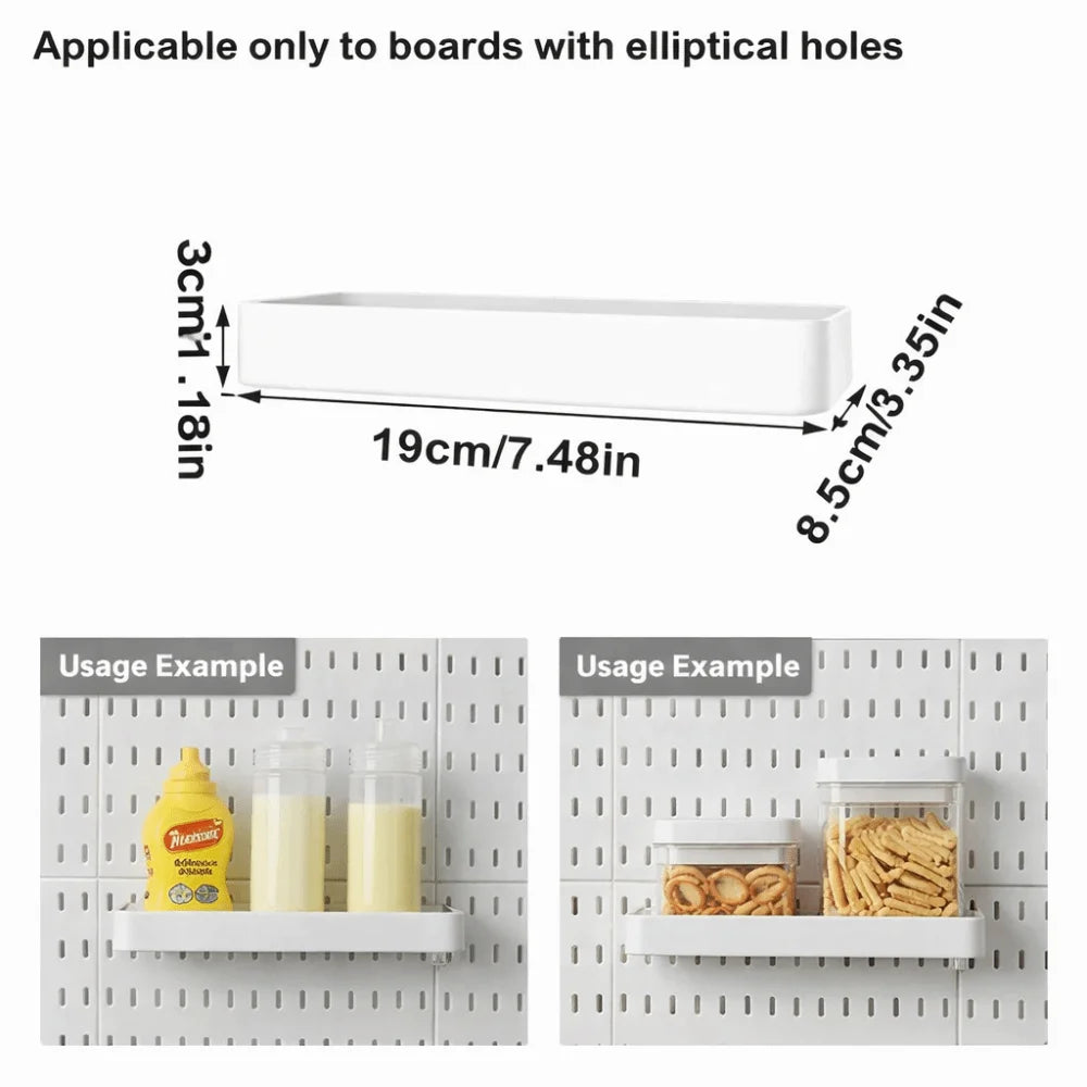 White wall-mounted pegboard organizer with storage boxes and hooks shown in usage examples.