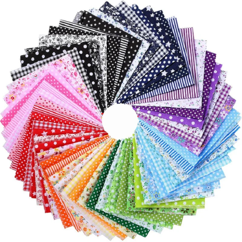 A circular display of various colorful cotton fabric squares featuring floral dot patterns for patchwork and quilting.