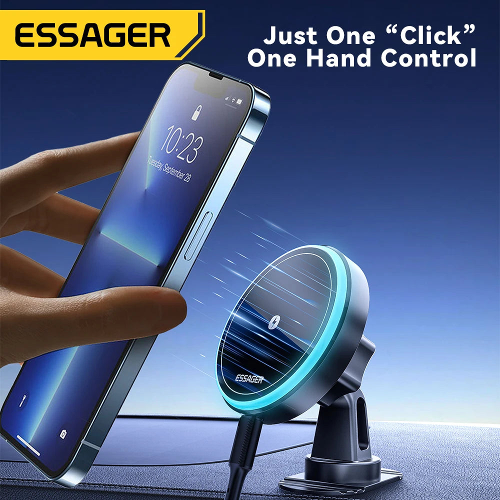 A hand holds a smartphone near an Essager one-hand control device with an RGB light, demonstrating a wireless car charger mou
