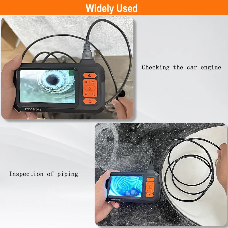 An industrial endoscope probe is shown being used for checking a car engine and inspecting piping.
