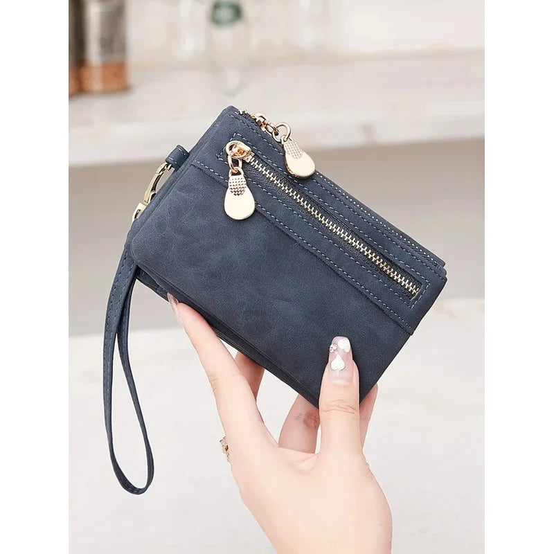 Vintage PU Leather Foldable Clutch Wallet with Wrist Strap