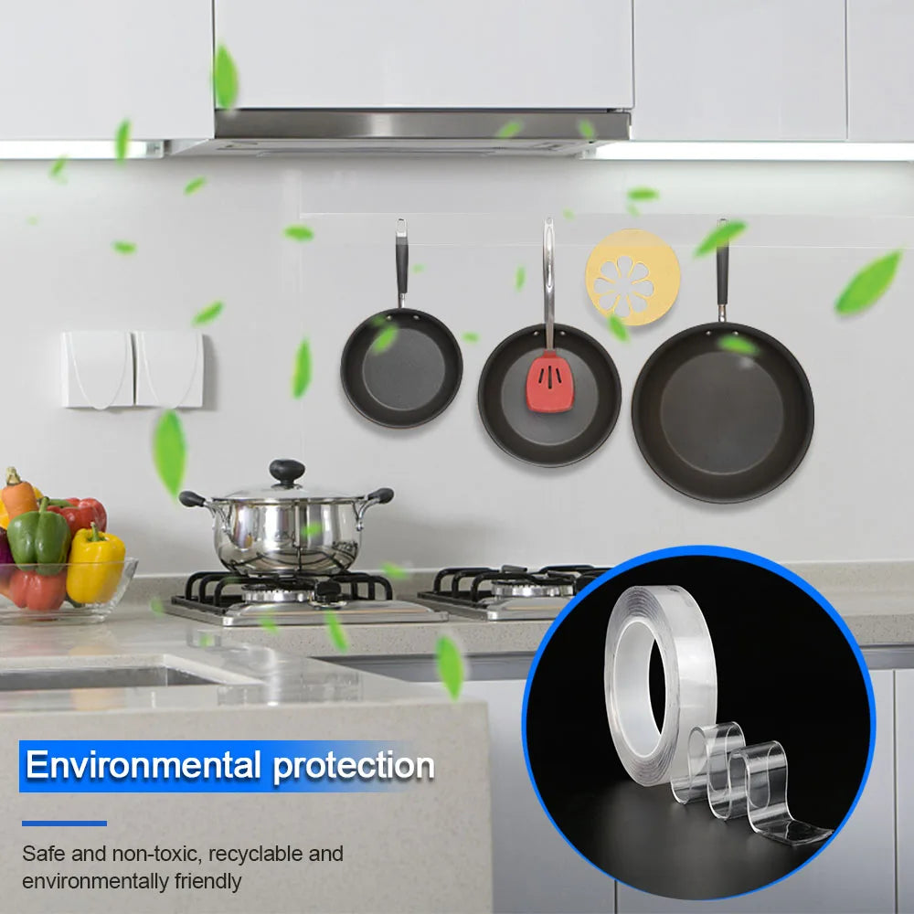 A kitchen setup showing a stainless steel pan hanging on a wall, with transparent nano double-sided tape visible in an inset.